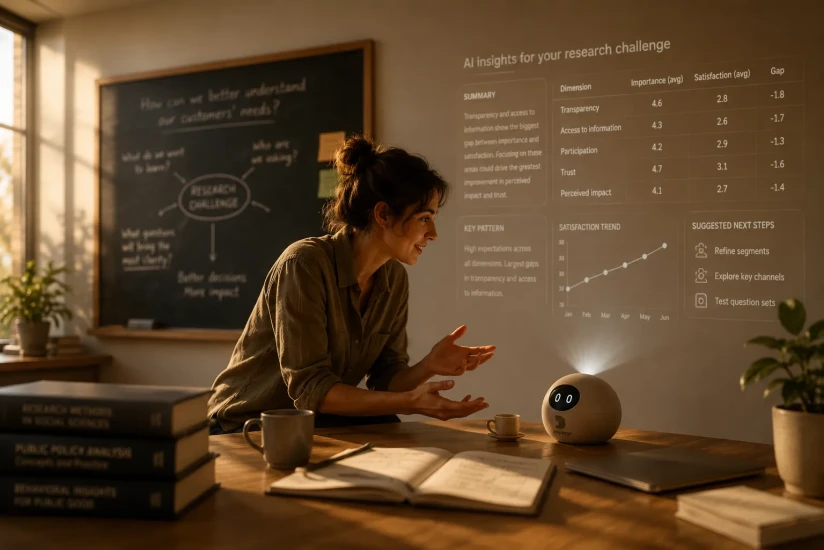 A researcher talks through her research challenge while her AI companion projects live survey insights on the wall