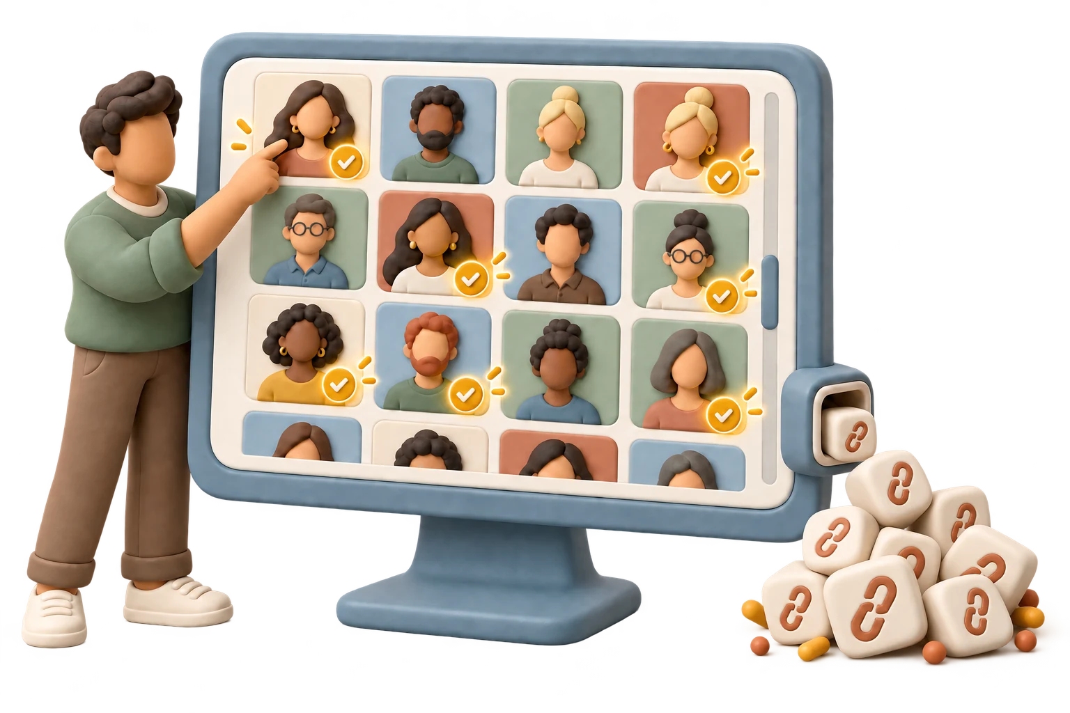 An operator selects contacts in a scrolling audience while personalised link cubes collect in a grounded pile